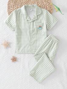 Young BoyGreen Patch Pocket Dinosaur Print Lapel Short Sleeve Pajama Set - Army Green - View 6