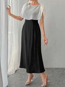 DAZY Women's Round Neck Mesh Shawl Patchwork Elegant Waist Cinched Long Party Dress - Black - View 6