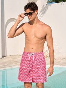 Manfinity Swimmode Men's Casual Printed Beach Shorts Matching Couple Swimsuits Couple Bathing Suit Set His And Hers Swimsuits Couple Beachwear Men Swim Trunks Couple Matching Couple Swimwear Couple Bathing Suit Set Boyfriend And Girlfriend Matching Swimsuits Print Pink Swimwear - Pink - View 6