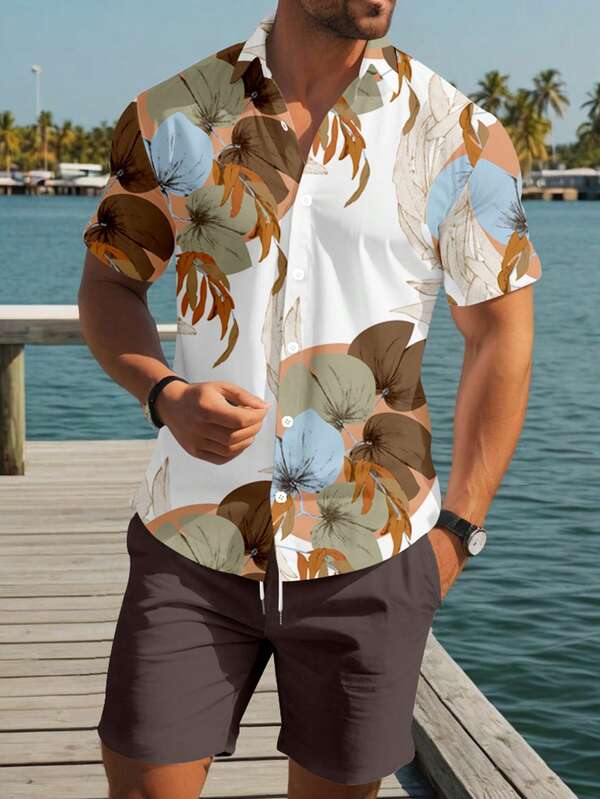 Manfinity RSRT Conjunto de camisa de manga corta con botones y estampado floral y pantalones cortos con bolsillo sesgado para hombre