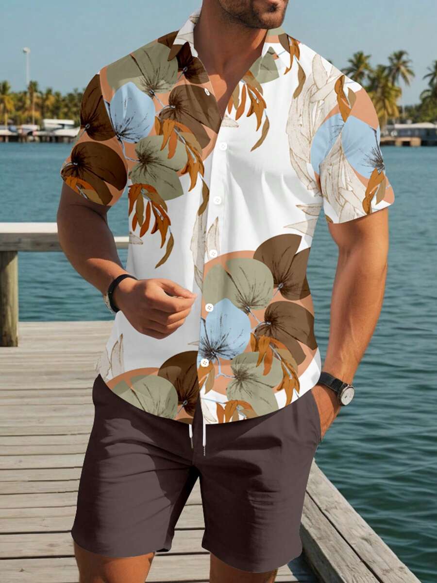 Manfinity RSRT 男士印花纽扣短袖衬衫和斜插口袋短裤套装 - 彩色 - 查看 1