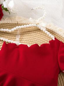 SHEIN Baby Girl Solid Color Ruffle Trim Asymmetric Shoulder Ruffle Sleeve Dress - Red - View 4