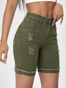 Flexra Women's Green Denim Biker Shorts Casual Zipper Distressed Short Shorts - Green - View 5