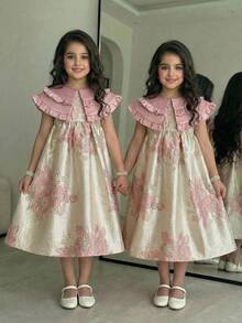 SHEIN 少女撞色拼接露背立领A字连衣裙，适合家庭度假、可爱优雅时尚的派对、生日等场合，尽显公主风范，母女姐妹装也同样适用。春夏款。 - 粉色 - 查看 3