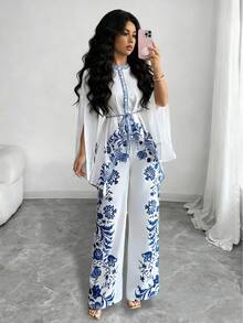 Elenzga Women's 2-Piece Set: Elegant Chinoiserie Print Round Neck Mandarin Collar Tie-Waist Bow Blouse With Asymmetrical Hem, Paired With Elastic Waist Printed Straight Leg Pants, Outfit - Multicolor - View 1