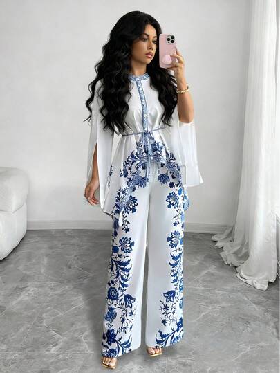 Elenzga Women's 2-Piece Set: Elegant Chinoiserie Print Round Neck Mandarin Collar Tie-Waist Bow Blouse With Asymmetrical Hem, Paired With Elastic Waist Printed Straight Leg Pants, Outfit