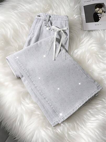 GlowEve 女士水钻装饰蝴蝶结口袋阔腿宽松牛仔裤