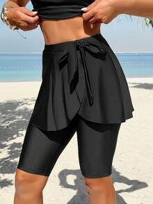 Swim Mulvari New Summer Women's Tie Waist Skirt Shorts, Black Casual Vacation Swimwear Bottom - Black - View 1
