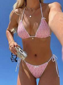 Swim Mod Women's 2 Pieces Bikini Set Set, Featuring Jacquard Fabric, Cute Bow Accent, Sexy Triangle Top, Backless Tie-Up Design, Suitable For Beach, Vacation - Pink - View 3