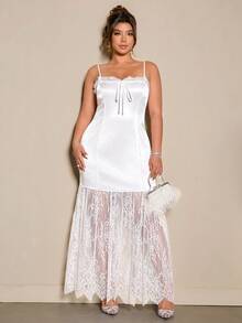 Cravure 大码女式蕾丝拼接拉链前开无袖束腰亮面面料休闲连衣裙，适合户外/购物 - 白色 - 查看 7