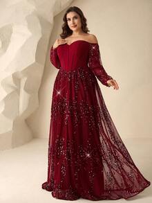 Coutiva Đầm dạ hội thanh lịch, trễ vai, tay dài, hở lưng, xếp ly ở gấu váy, đính sequin, thích hợp cho khách dự đám cưới, lễ tốt nghiệp, dạ hội, tiệc tựu trường, sự kiện thảm đỏ, v.v. - Màu Đỏ Sâu - Xem 8
