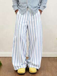 TOKVUE 时尚休闲百搭亚麻质感蓝白条纹阔腿裤，春夏秋季男士款，男女皆宜，适合度假、日常穿着，可作为送给男友/老公的礼物、周年纪念礼物、复古风格，也是返校季的必备单品。 - 藍白色 - 查看 5