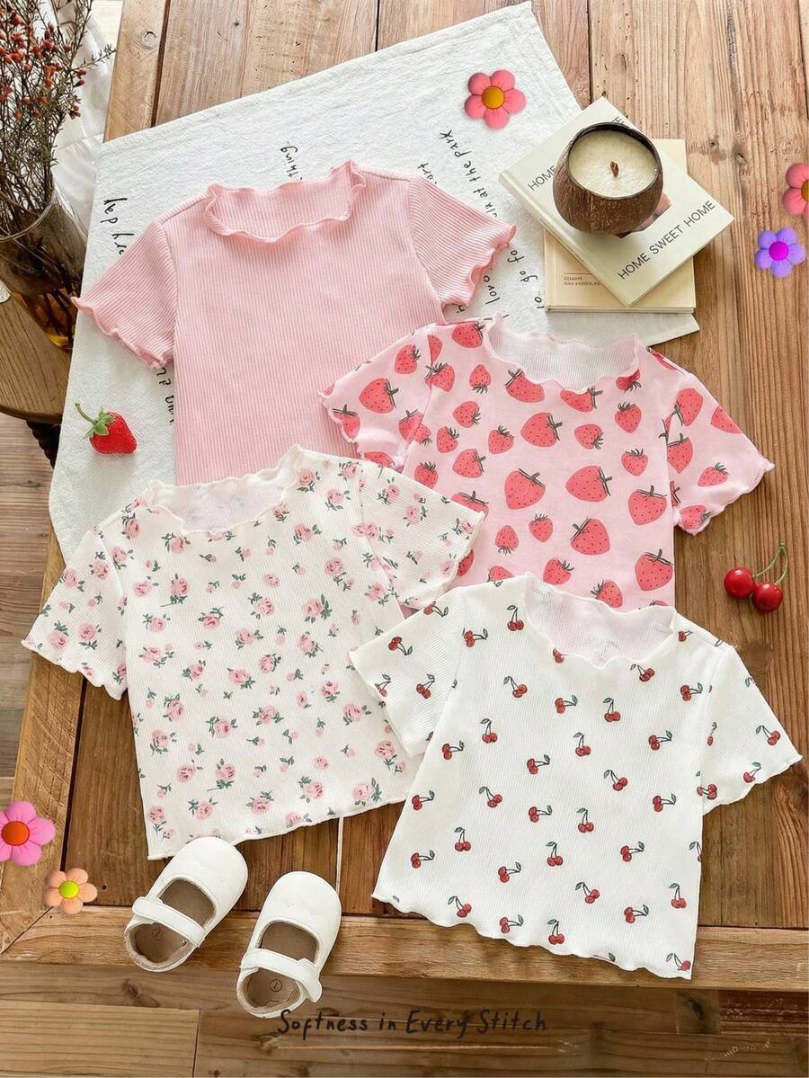 Cozy Pixies 4pcs Baby Girl Strawberry Pattern Knit Soft Round Neck Short Sleeve Ruffle Hem Pullover Top Set Baby Girl Clothes Strawberry Cherry Baby Clothes - Multicolor - View 1