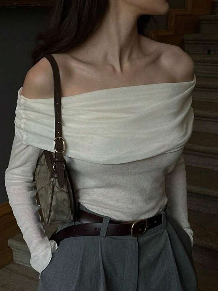 Elegant Open Shoulder Fitted T-Shirt For Women, Suitable For Party, Valentine's Day, Y2K Style, Spring/Summer Going Out Tops Women Off The Shoulder