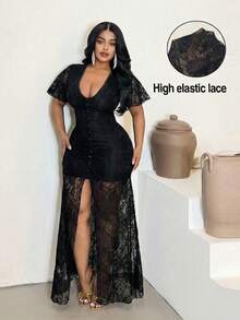 Maweii Vestido mini de mujer talla grande con mangas de volantes de malla transparente sexy, vestido elegante de fiesta de vacaciones con escote en V y abertura frontal - Negro - Ver 1