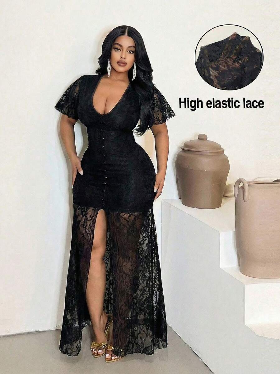 Maweii Vestido mini de mujer talla grande con mangas de volantes de malla transparente sexy, vestido elegante de fiesta de vacaciones con escote en V y abertura frontal - Negro - Ver 1