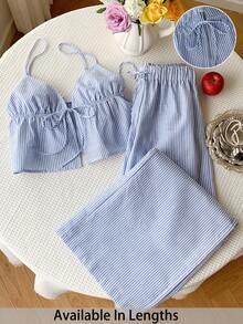 SHEIN PETITE CURVE Bộ đồ nữ cỡ lớn đi nghỉ mát gồm áo hai dây kẻ sọc buộc dây phía trước và quần ống rộng, set 2 mảnh thường ngày, bộ đồ mùa hè nữ, set đồ cotton 2 mảnh họa tiết kẻ caro. - Xanh và trắng - Xem 1