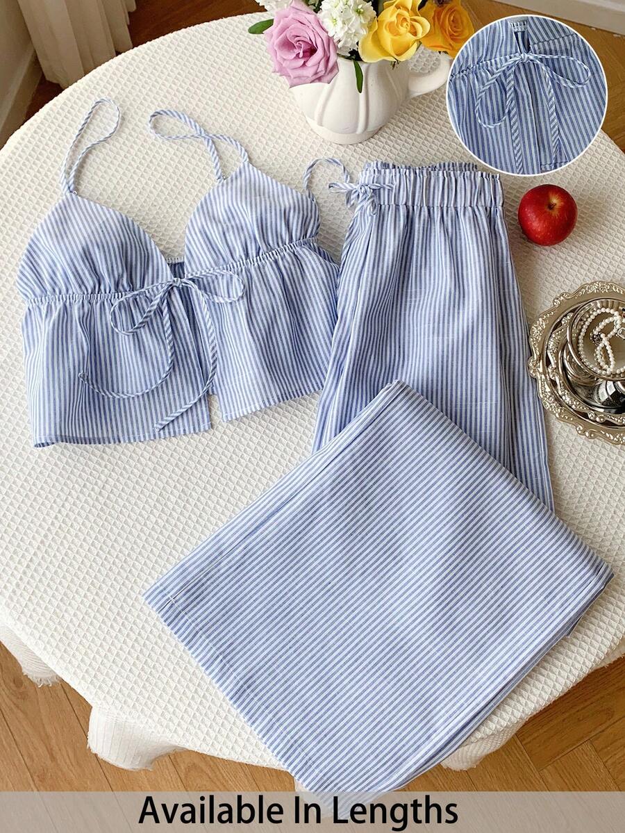 SHEIN PETITE CURVE Bộ đồ nữ cỡ lớn đi nghỉ mát gồm áo hai dây kẻ sọc buộc dây phía trước và quần ống rộng, set 2 mảnh thường ngày, bộ đồ mùa hè nữ, set đồ cotton 2 mảnh họa tiết kẻ caro. - Xanh và trắng - Xem 1