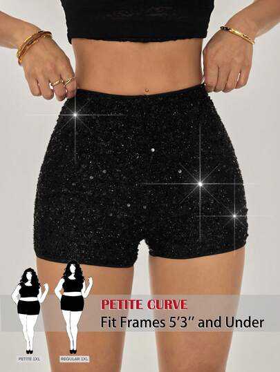 SHEIN PETITE CURVE Plus Size Sequin Embellished Fitted Shorts, Fashionable For Summer Party