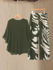 SHEIN LUNE CURVE 两件套加大码女式雪纺蝙蝠袖套装 - 軍綠色 - 查看 2