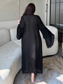 Dazy Plus Plus Size Women Solid Color Contrast Lace Front Tie Flare Sleeve Robe Pajamas - Black - View 2