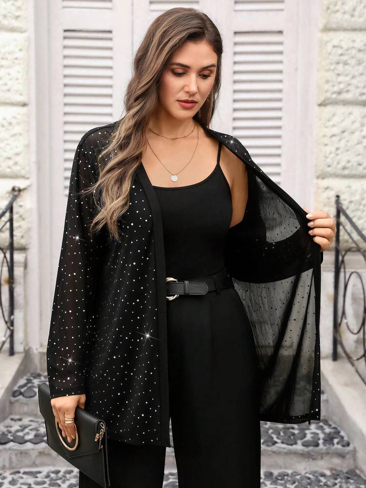 Plus Size Women Black Long Sleeve Jacket, Autumn/Summer/Vacation Black Rhinestone Top Black Blouses For Women Sparkly Coat Elegant Coat Summer Summer Spring Spring Women Spring