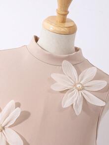 SHEIN Tween Girl Floral Decor Patchwork Pleated Hem Fashionable Cute Mandarin Collar Sleeveless Dress Girls Pleated Dress 3d Flowers Dress Girls Nude Dress - Khaki - View 3