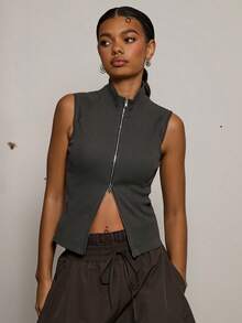 COUREZ Sleeveless Double Ended Zip Thru Jersey Top /Y2K Spring For Women Cute Sexy Top For Women Going Out Party Rave Summer Top Summer - Black - View 2