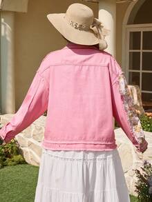 Breezaya Áo khoác denim họa tiết hoa chắp vá dành cho nữ cỡ lớn, thích hợp cho mùa xuân/hè. - Hồng - Xem 2