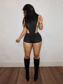 Slaydiva New Early Spring, Spring And Summer Music Festival, Valentine's Day, Casual And Simple Basic Style, Y2K, Street Sweet, Internet Sensation , Daily Date, Hot Girl Style, Sexy See-Through Round Neck, Tight Side Seam, Large Cutout, Tight Jumpsuit - Black - View 5