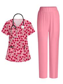 PopScrub Women's Fashion V-Neck Short Sleeve Pocket Ear-Hanging Split Scrub Set With Heart & Cherry Print Design - Multicolor - View 1