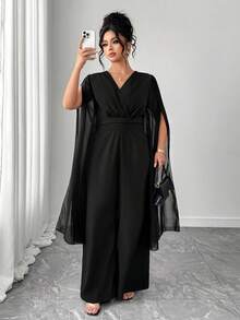 Elenzga بدلة كاجوال طويلة سوداء للسيدات البدينات، بتصميم أنيق بسيط بياقة على شكل حرف V من الشيفون، بأكمام خفافيش واسعة وخصر مربوط لإنحاف الخصر - الأسود - مشاهدة 6