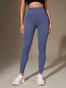 SHEIN Sports 女式高腰罗纹无缝修身打底裤 - 云朵柔软 第二层肌肤柔软度 速干透气 四向弹力打底裤 适合跑步 骑行 瑜伽 泡菜球 运动 休闲装，黑色 - 淺藍色 - 查看 5