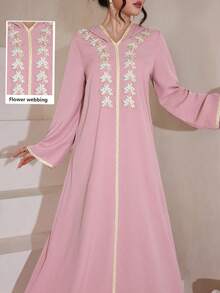 Al Najma Elegante cárdigan con capucha de manga larga, de corte holgado y con adorno de encaje floral para mujeres - Rosa - Ver 1
