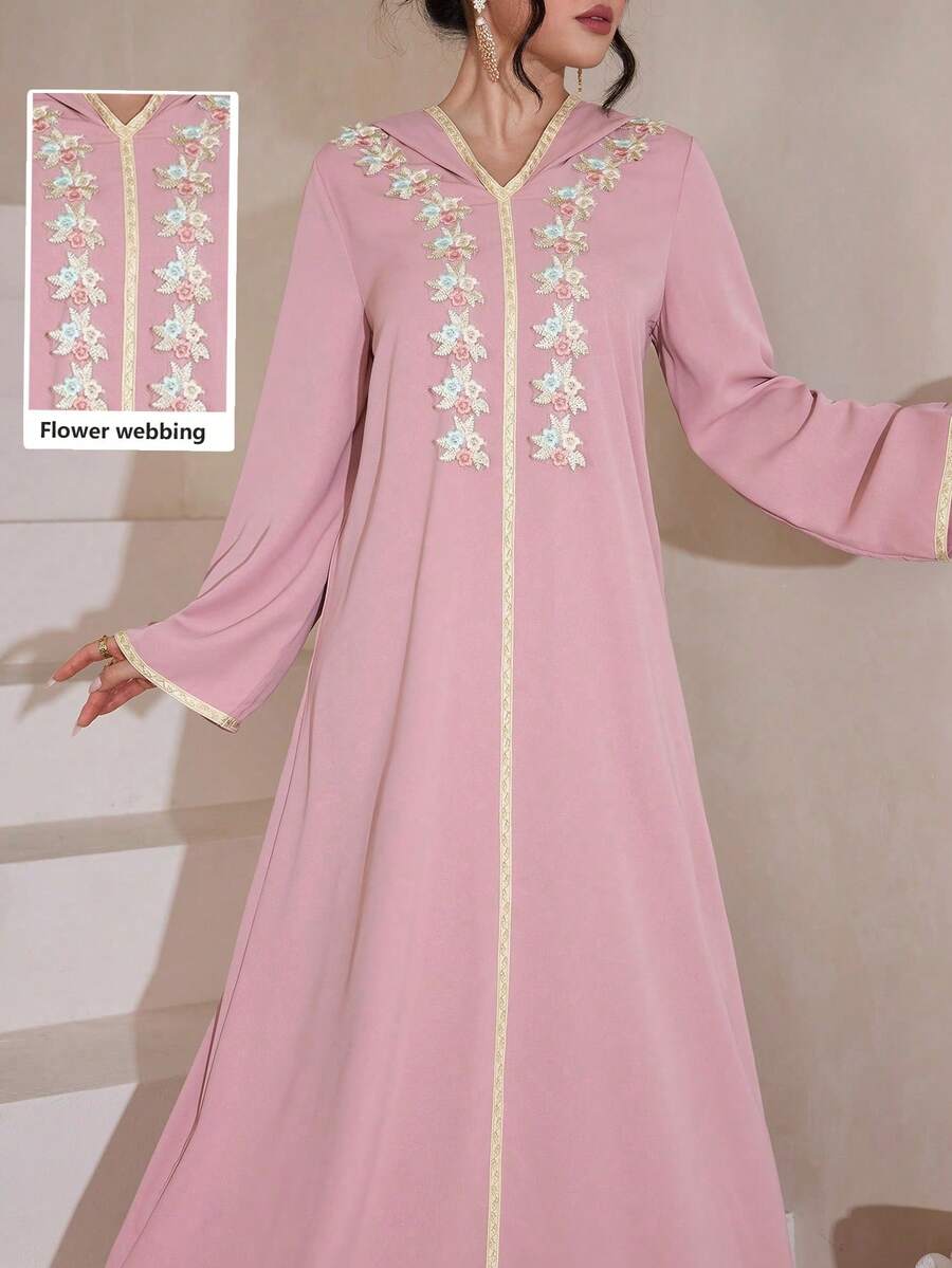 Al Najma Elegante cárdigan con capucha de manga larga, de corte holgado y con adorno de encaje floral para mujeres - Rosa - Ver 1