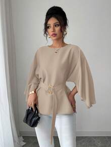 Selianne 女式法式圆领蝙蝠袖腰带亮红色衬衫，春夏 - 卡其色 - 查看 6