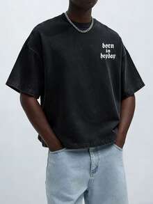 Manfinity Hypemode 男士休闲字母图案圆领短袖T恤，夏季 - 黑色 - 查看 8