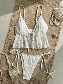 Elavelle 女士春夏提花面料吊带系带金属装饰吊带比基尼上衣 - 米色 - 查看 3