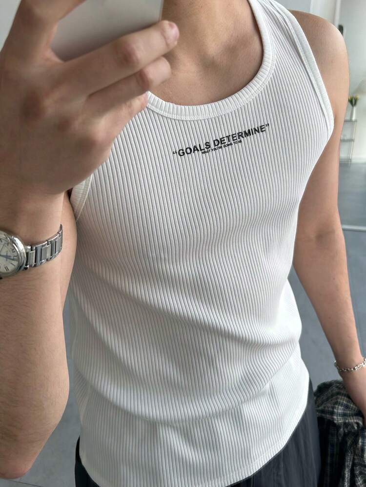 DAZY 夏季白色修身字母印花街头风男士背心 - 白色 - 查看 3