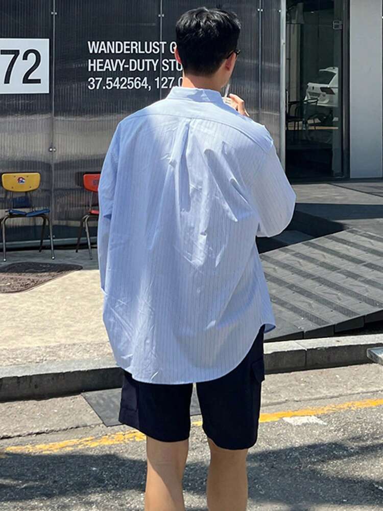 Men's Striped Long Sleeve Shirt And Shorts Set, Summer