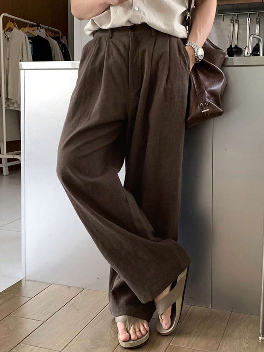 DAZY 男士纯棕色弹力腰长裤，春夏款 - 棕色 - 查看 1