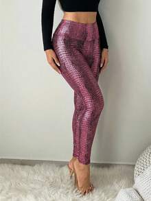 SHEIN SXY 女士鳄鱼纹高腰休闲百搭日常打底裤 - 粉色 - 查看 7