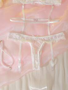 DelicateAllure 2pcs Women Lace Eyelash Patchwork Satin Ribbon Heart Contrast Color Set Wedding Lingerie For Bride White Lace Lingerie Lingerie For Women Adult - White - View 11