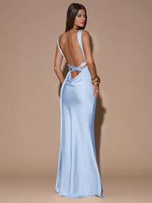 SHEIN BAE 性感简约纯色黄/米色深V领无袖露背系带连衣裙，适合派对、鸡尾酒会、正式场合、伴娘、生日、圣诞节、商务休闲等场合。 - 淺藍色 - 查看 8