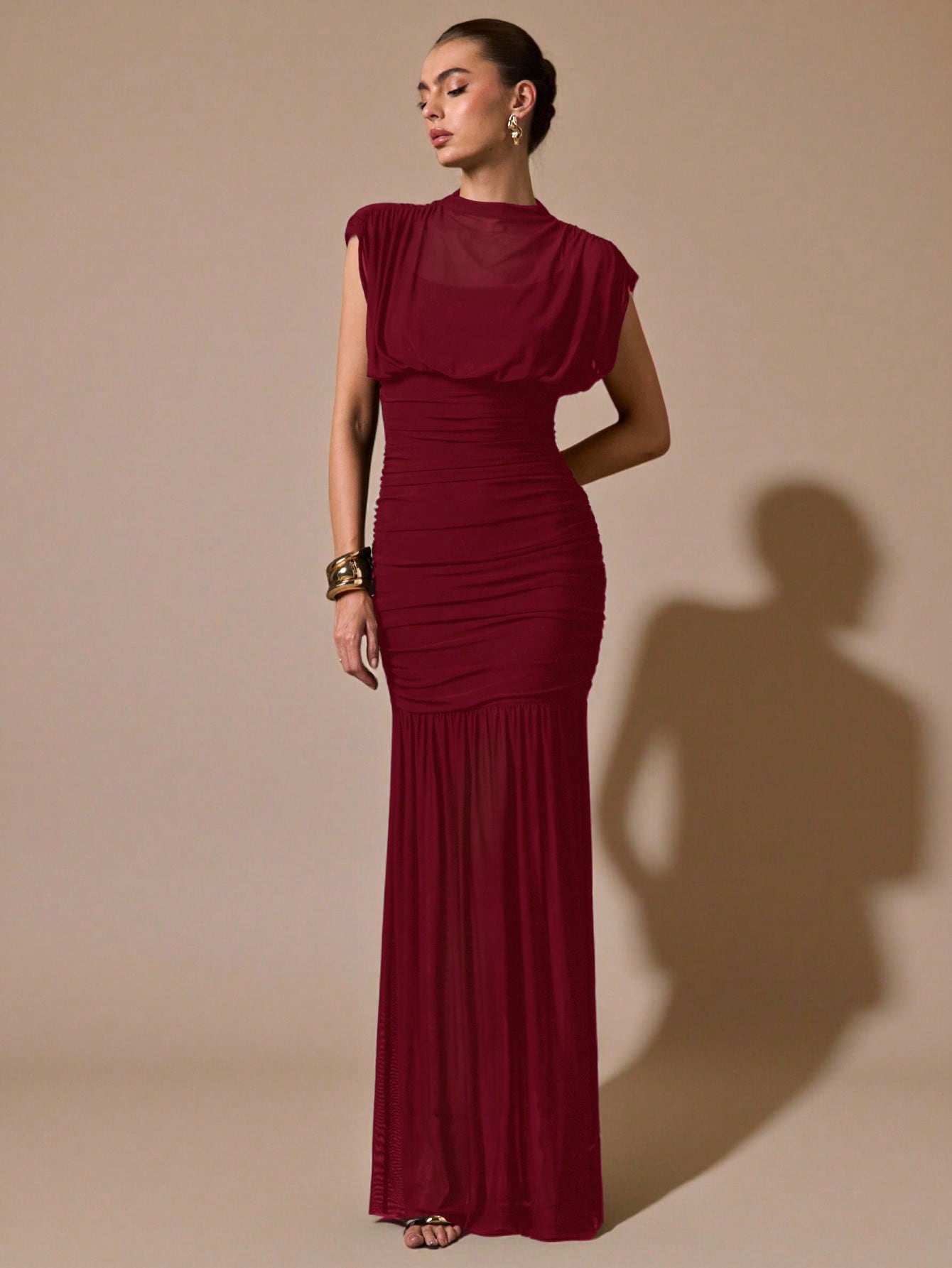 SHEIN BAE فستان شيفون أنيق مجعد باللون الأسود، منا...