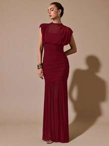 SHEIN BAE 黑色披肩式优雅薄纱褶皱连衣裙，适合浪漫约会、派对、正式聚会、伴娘礼服、女士夏季连衣裙、下午茶会连衣裙、新年、情人节、生日迷你连衣裙、黑色连衣裙 - 酒紅色 - 查看 7