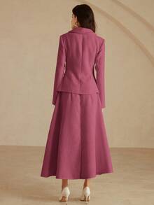 Aveloria Rosie 斜纹软呢面料优雅时尚修身女式外套，带纽扣口袋；斜纹软呢喇叭简约风女式半身裙，两件套 - 玫紅色 - 查看 2