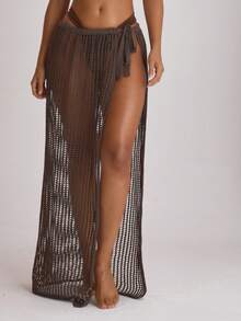 Musera Resort 钩针编织系带长款沙滩裙泳装罩衫度假休闲夏季旅行沙滩装基础款 - 咖啡棕 - 查看 1