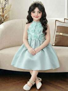 SHEIN Young Girl Solid Color 3D Floral Sleeveless Pullover Dress - Green - View 4