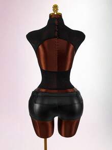 Amplova 女士薄纱花卉上衣，性感露背设计，立领，性感撩人 - 黑色 - 查看 2